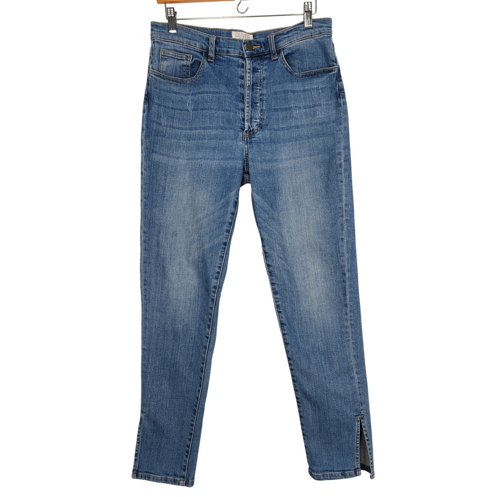 Oliver Logan High Rise Mom Jeans Womens‎ 30 Blue Split Hem Button Fly Stretch
